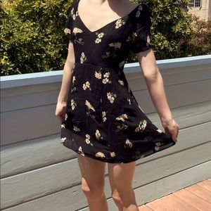 Reformation mini black & floral, flowy viscose dress